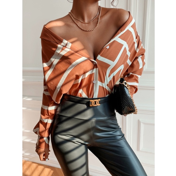 Rouge! Tops - Geometric Print Blouse Buttoned Shirt Rust Color